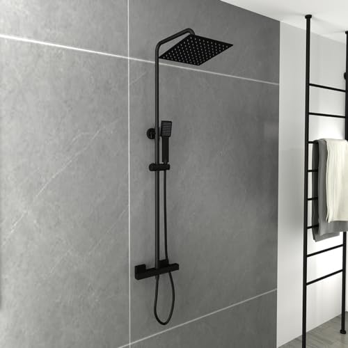 Plumbsys Black Thermostat Shower Mixer Set with Rainfall System & Handheld Shower Heads, 200mm - Stylish Upgrade for Your Bathroom