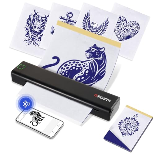 ORGSTA Wireless Tattoo Stencil Printer: Thermal Copier with 10pcs Transfer Paper, Bluetooth for Tattooing, Black