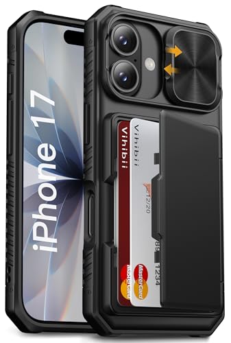 Vihibii iPhone 17 Wallet Case with Card Holder & Camera Cover, Military Grade Protection, Shockproof Silicone, Black