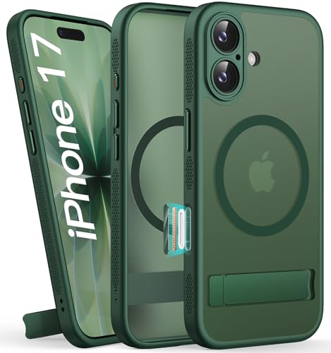 SIXBOX iPhone 17 Case with Stand & Camera Button, MagSafe Compatible, Military Grade Protection, Translucent Green Case