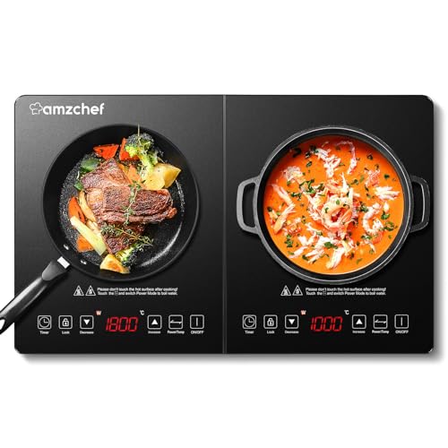 AMZCHEF Double Induction Cooker, Portable Ultra-thin Body, 10 Temp, 2800W, Safety Lock