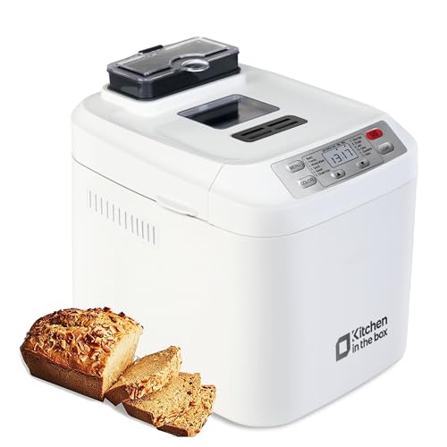 Kitchen in the Box Bread Maker: 12 Programs, Gluten-Free, Fruit Nut Dispenser, Nonstick Pan, 2 Loaf Sizes, Delay Timer, Keep Warm