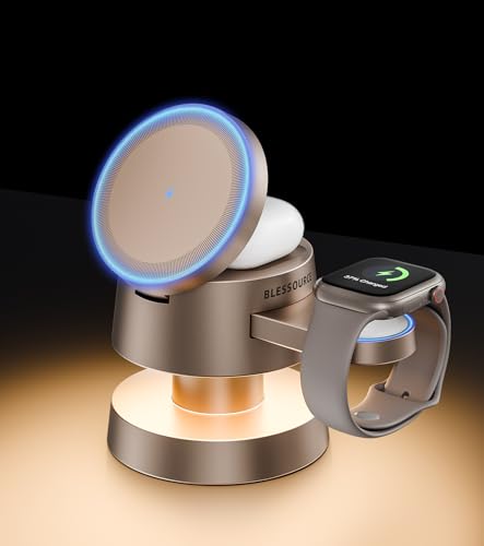 BLESSOURCE Magnetic Wireless Charger Station for iPhone, Apple Watch, AirPods - Fast Charging with Night Light - 4-in-1 Multi-Device Hub