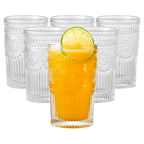 ZhouZGlass 6 Pack 12oz Drinking Glasses Set, Romantic Flower Design, Juice Cups for Cocktails, Home & Bar