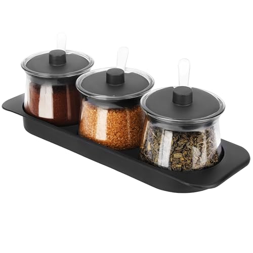 BELLE VOUS Seasoning Box Set with Tray - Clear Spice Jars with Lids and Spoons - Kitchen Condiment Storage