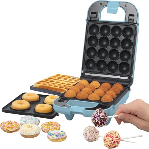 Giles & Posner Mini Treat Maker: Doughnuts, Cake Pops, Waffle Iron - Non-Stick Plates, Easy Clean - Children’s Baking - Pastel Blue