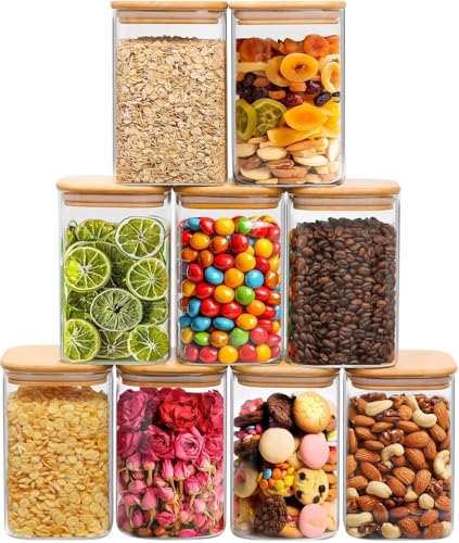 ComSaf Glass Storage Containers 1.1L, Set of 9 Bamboo Lids - Food Pantry Organizers for Flour Tea Coffee