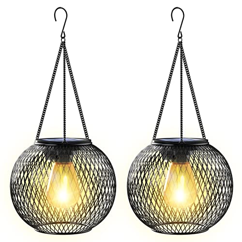 KagoLing Solar Lanterns: 2 Pack Outdoor Garden Hanging Lights, IP65 Waterproof, Auto On/Off, Metal Yard Art for Patio Fence - Warm White