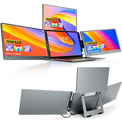 KPKUE 14 inch Triple Screen Extender for Laptop, FHD IPS Monitor, USB-C Connection, Dual Screen Compatible with 11.6"-15.6" Devices