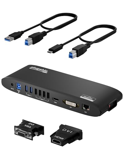 Plugable USB Docking Station for Dual HDMI Monitors, Windows, macOS, ChromeOS - Gigabit Ethernet, Audio, 6 USB Ports