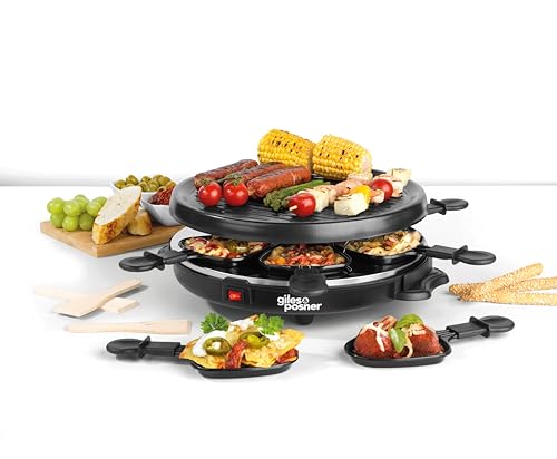 Giles & Posner Electric Round Raclette Grill - Tabletop 6 Person, Non-Stick Pans, Spatulas, 29cm Plate, 800W