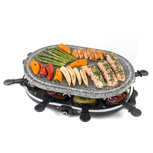 Giles & Posner Stone Raclette Grill: Indoor Tabletop 8 Person, Removable Hot Plate, Non-Stick Pans, Spatulas, Adjustable Temp - 1200W