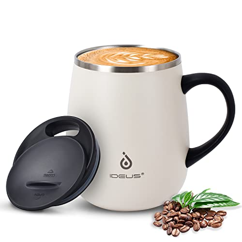 Ideus 16oz Coffee Mug: Stainless Steel, Vacuum Insulated, Non-Slip Handle, Slider Lid - Snow Mountain White