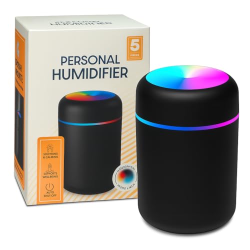 Lizzy Portable Mini Humidifier 300ml for Bedroom | Colorful Cycling Light, 2 Mist Modes, Auto Shut-Off | Whisper-Quiet | Home, Office, Car