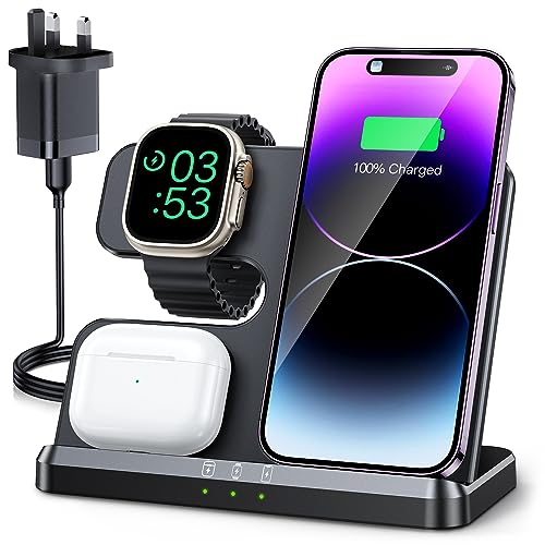 JARGOU 3-in-1 Wireless Charger for iPhone & Apple Watch, Fast Charging Stand for AirPods - Compatible with iPhone 11-16, Apple Watch Series 4-10