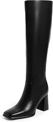 Modatope Women's Chunky Heel Knee High Boots, Square Toe, Side Zipper