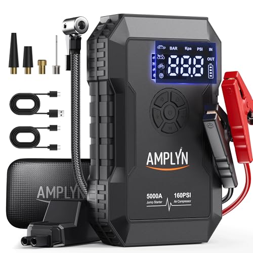 Portable Car Battery Jump Starter 5000A with Air Compressor - Fast Charging, 3 Mode Light - All Gas/10L Diesel - 12V Jump Box