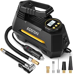 AstroAI 12V DC Tyre Inflator Air Compressor - Portable Car Pump with Auto-Stop, Digital Gauge, LED Light - 4 Adaptors