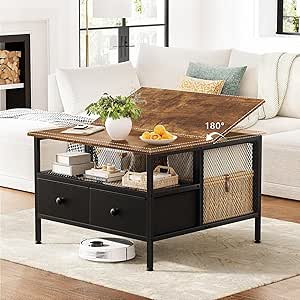 FABATO Square Coffee Table: Farmhouse Style, Lift-Up Top, Wire Mesh Barn Door, Storage, Steel Frame, Small Tea Table, Black