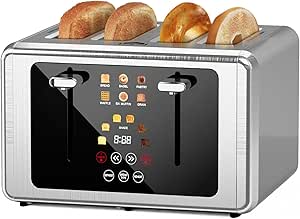Brand 4-Slice Toaster: Touchscreen, Dual Control Panel, 6 Shade Settings, 6 Bread Types, Smart Features, Silver