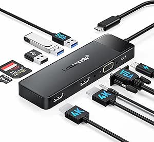 Lemorele 10-in-1 USB C Hub with 2 HDMI 4K, VGA, 3 USB 3.0/2.0, PD 100W - for HP, ThinkPad, MacBook, Surface