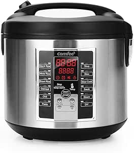 COMFEE 5.2Qt Multi Cooker: Rice Cooker, Slow Cooker, Steamer & More - 12 Cooking Programs, Large Capacity, Keep Warm - Black/Silver