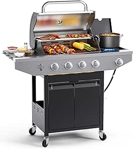 Stainless Steel Gas BBQ Grill with Side Burner, Cast Iron Grates