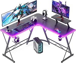 Mr IRONSTONE Gaming Desk, LED Lights, L-Shaped Corner, Cup Holder, Headphone Hook, Large Monitor Stand, Carbon Fiber Surface, Black 51 inch