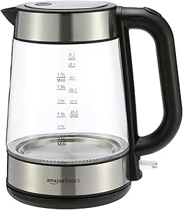 Amazon Basics Glass Carafe Electric Kettle for Tea/Coffee, BPA-Free, Fast Boil, Auto Shut-Off, 1.8L, 1500W, Black/Silver