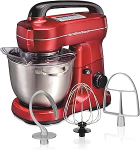 Hamilton Beach Stand Mixer 4 Quart with Dough Hook & Beater, 7 Speeds - Red