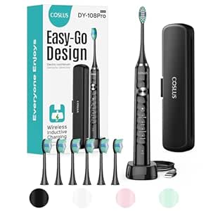 COSLUS Sonic Toothbrush: 47000 VPM Deep Clean & Whitening - 5 Modes, Wireless Charging, 6 Brush Heads - Black