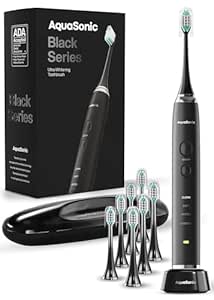 Aquasonic Black Series Toothbrush - Whitening, ADA Accepted, 8 Brush Heads, Travel Case - 40,000 VPM Motor, Wireless Charging - 4 Modes