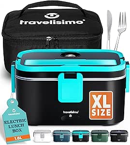 TRAVELISIMO Heated Lunch Box - 1.8L Capacity, 80W Electric - Stainless Steel, Adults 3-in-1 Car Lunchbox