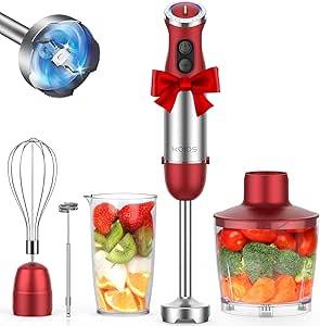 KOIOS 5-in-1 Hand Blender: 1000W, 12 Speeds, Stainless Steel Blade, Mixing Beaker, Food Processor, Whisk, Milk Frother - Red