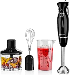OVENTE Hand Blender: Portable Stick Mixer Set, 300W, 2 Speeds, Stainless Steel Blades, Egg Whisk, Beaker, Food Chopper - Black