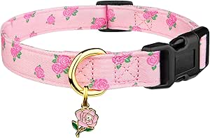 Handmade Cotton Dog Collar: Cute Pink Rose Pattern with Pendant