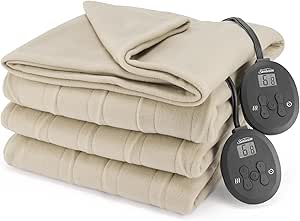 Sunbeam Electric Heated Blanket King Size, 90x100 inch, 12 Heat Settings, Auto Shut-Off, Machine Washable - Pebble Beige