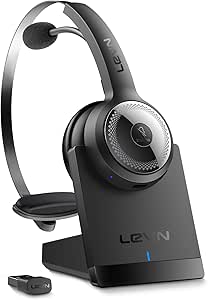 LEVN Wireless Headset with Mic: Charging Base, Noise Cancel, Long Battery - Bluetooth Headsets for Work, Home, Office - Black