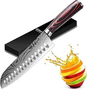 Joyspot 7 inch Santoku Knife: Ultra Sharp Japanese Chef - High Carbon Stainless Steel - Ergonomic Wood Handle