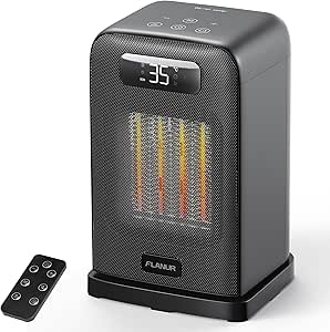 FLANUR 1500W PTC Ceramic Heater with Thermostat & ECO Mode - Portable 2-in-1 Heater, Digital Display, 12-Hr Timer - Black