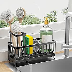 Cisily Black Sponge Holder for Kitchen Sink, Brush Holder, Rustproof Stainless Steel - Organize Kitchen Countertop Essentials