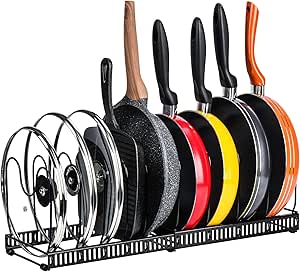 Toplife Expandable Pans Organizer Rack: 10 Adjustable Compartments, Black