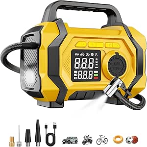 Portable Tire Inflator: Fast 150PSI Air Pump for Car, Cordless Motorcycle Bike Pump, Pressure Gauge, Auto Shut-off, LED Display
