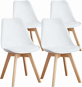 OLIXIS Mid-Century Modern Dining Chairs with Wood Legs & PU Leather Cushion - Set of 4, White