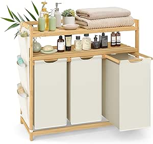 SONGMICS Laundry Sorter with 3 Compartments, Shelf & Bag, Cream White - Stylish & Spacious Hamper for Easy Sorting & Storage