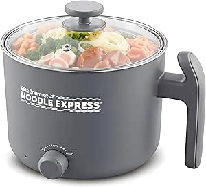 Elite Gourmet Noodle Express Hot Pot: Ramen, Rice, Soups, Stews - Stainless Steel Interior, Glass Lid - Grey