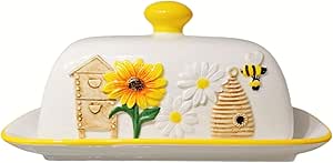 HAN SHENG Ceramic Butter Dish - Airtight Keeper & Honeycomb Design - Farmhouse Storage, Rustic Kitchen Decor - Bee Garden Gift