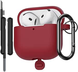 AirPods 4th Gen Silicone Case Cover Kit, Shockproof Drop Protection, Scratch Resistant, Burgundy, Keychain