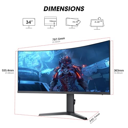 KOORUI 34" Curved Gaming Monitor, WQHD 165Hz, 1ms, HDR, VA Panel