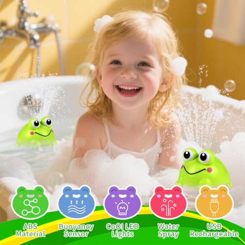 Light up Frog Water Spray Bath Toy for Toddlers, Rechargeable, Sensory Shower, Boys Girls 6-12 Months, 1-4 Years